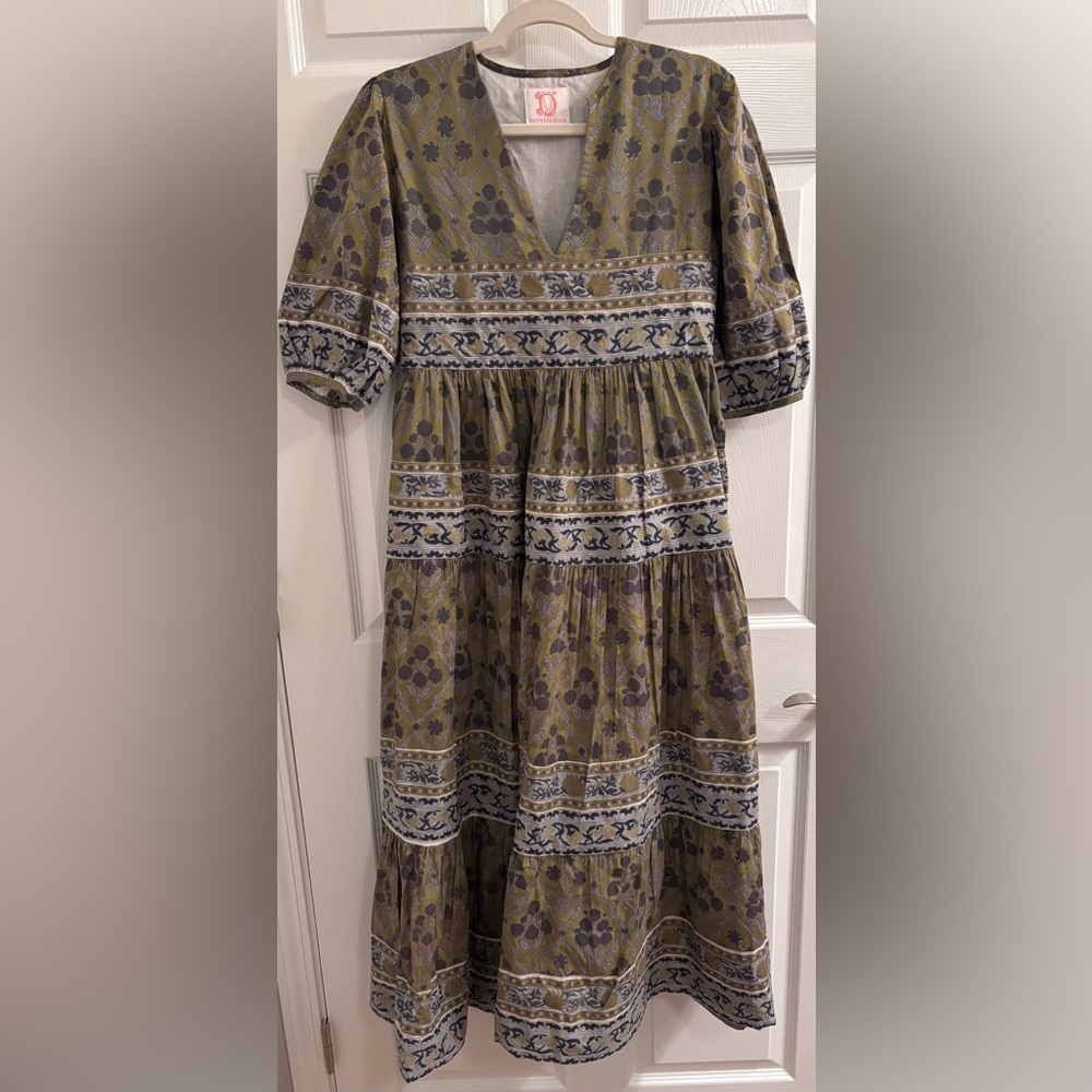 Victoria Dunn Olive Green and Navy Floral Midi Dress